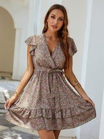 Load image into Gallery viewer, Ditsy Ruffle Floral Print Belted Hem Dress
