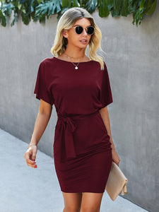 Belted Fitted Batwing Sleeve Dress