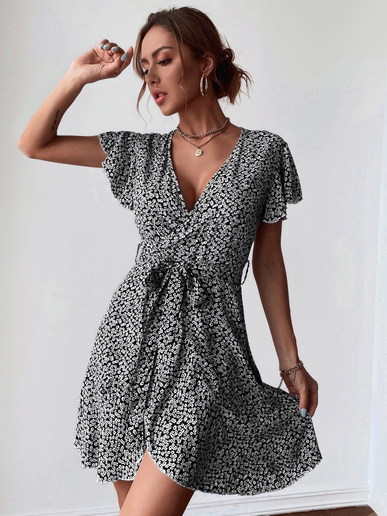 Ditsy Floral Belted Surplice Front Dress
