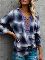 Load image into Gallery viewer, Stylish Gingham Deep V-Neck Top
