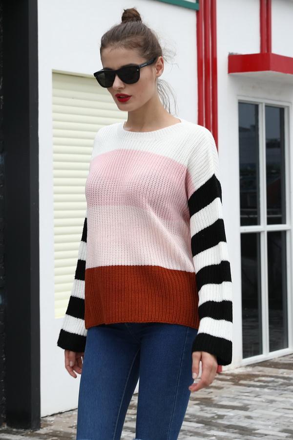 Round Neck Contrast Striped Sweater