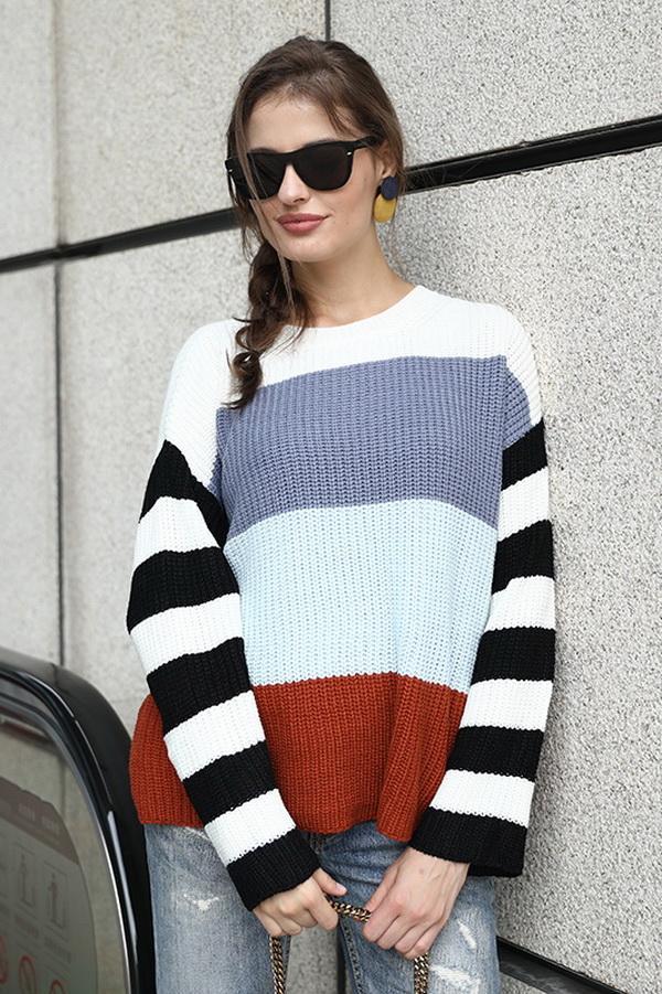 Round Neck Contrast Striped Sweater