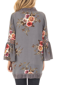 Flare Sleeve Floral Print Lace Blouse