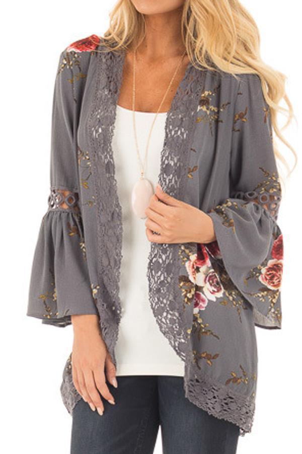Flare Sleeve Floral Print Lace Blouse