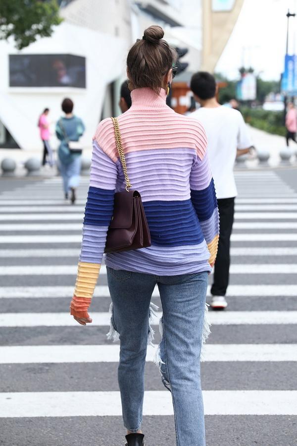 High Collar Contrast Striped Rainbow Sweater