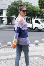 Load image into Gallery viewer, High Collar Contrast Striped Rainbow Sweater

