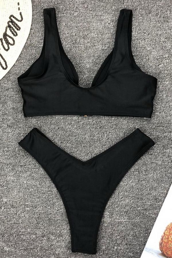 Two Pieces Zipper Solid Color Swimsuit