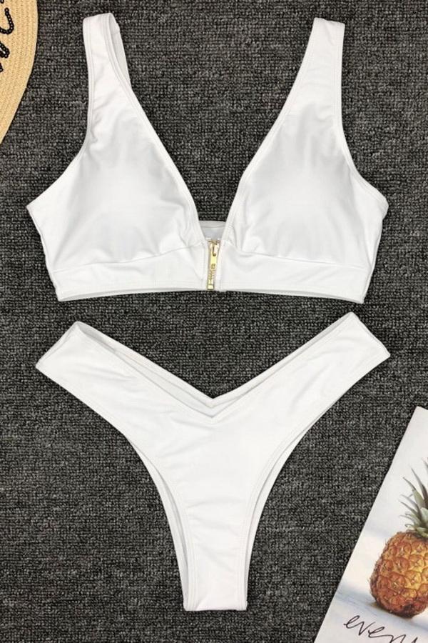 Two Pieces Zipper Solid Color Swimsuit