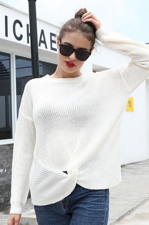 Long Sleeve Knotted Solid Color Sweater