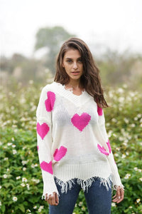 V-Neck Heart-Shaped Knit Sweater