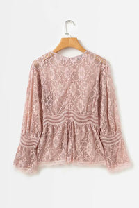 Pink Flare Sleeve Lace Hollow Out Top