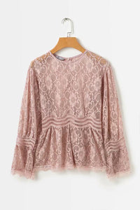 Pink Flare Sleeve Lace Hollow Out Top