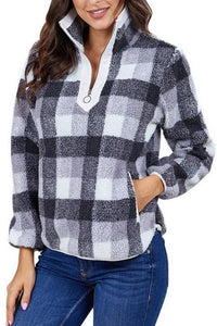 High-Collar Checked Plush Plaid Sweater