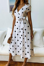 Load image into Gallery viewer, Deep Neck Wrap Midi Dress - Polka Dot Print
