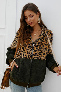 Leopard Zipper Hooded Fluffy Coat