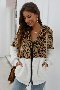 Leopard Zipper Hooded Fluffy Coat