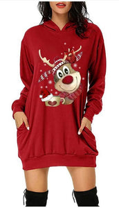 Women's Long Sleeve Hooded Dress Christmas Reindeer Jumper Dress