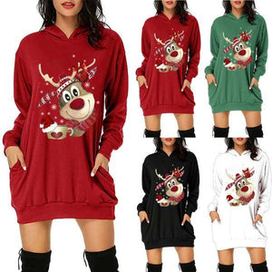 Women's Long Sleeve Hooded Dress Christmas Reindeer Jumper Dress
