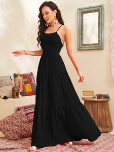 Ruffled Lace-Up Halter Tiered Maxi Dress