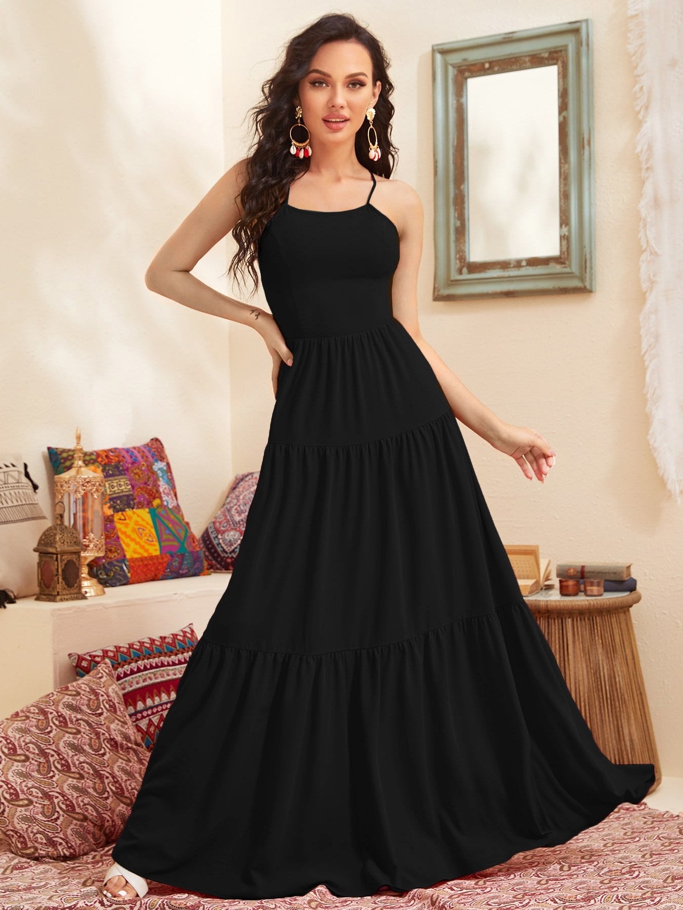 Ruffled Lace-Up Halter Tiered Maxi Dress