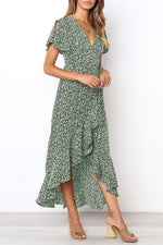 Load image into Gallery viewer, V-Neck Printed Wrap Ruffle Maxi Dress

