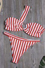 Load image into Gallery viewer, Orangered Striped One Shoulder Bikini Set
