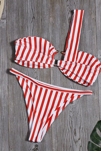 Orangered Striped One Shoulder Bikini Set