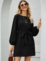 Load image into Gallery viewer, Bishop Sleeve Boat Neck Belted Dress

