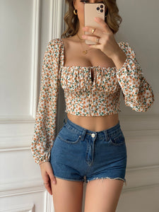 Floral Print Allover Tie Front Top