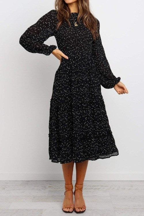 Polka Dotted Black Ruffle Midi Dress