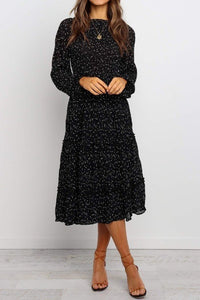 Polka Dotted Black Ruffle Midi Dress