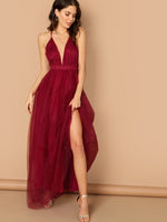 Load image into Gallery viewer, Plunging V-Neck Mesh-Overlay Maxi Dress
