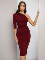 Load image into Gallery viewer, Rushed Bodycon One Shoulder Midi Dress
