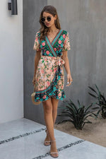 Load image into Gallery viewer, Printed V-Neck Short Sleeve Lace Ruffle Dress
