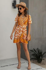 Load image into Gallery viewer, Printed V-Neck Short Sleeve Lace Ruffle Dress
