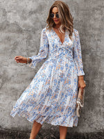 Load image into Gallery viewer, V-neck Ruffle All Over Print Deep Hem Dress
