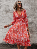 Load image into Gallery viewer, V-neck Ruffle All Over Print Deep Hem Dress
