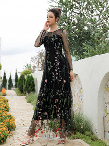 Mesh Tunic Floral Embroidery Maxi Dress