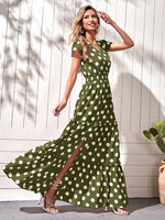 Load image into Gallery viewer, Polka Dot Split Thigh Frill Trim Dress
