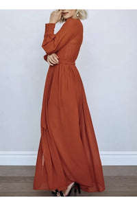 RUST LONG SLEEVES BELTED MAXI DRESS