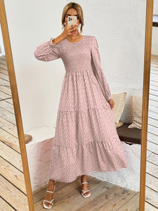 A-line  Ruffle Hem Ditsy Floral Shirred Maxi Dress
