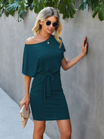 Load image into Gallery viewer, Belted Fitted Batwing Sleeve Dress
