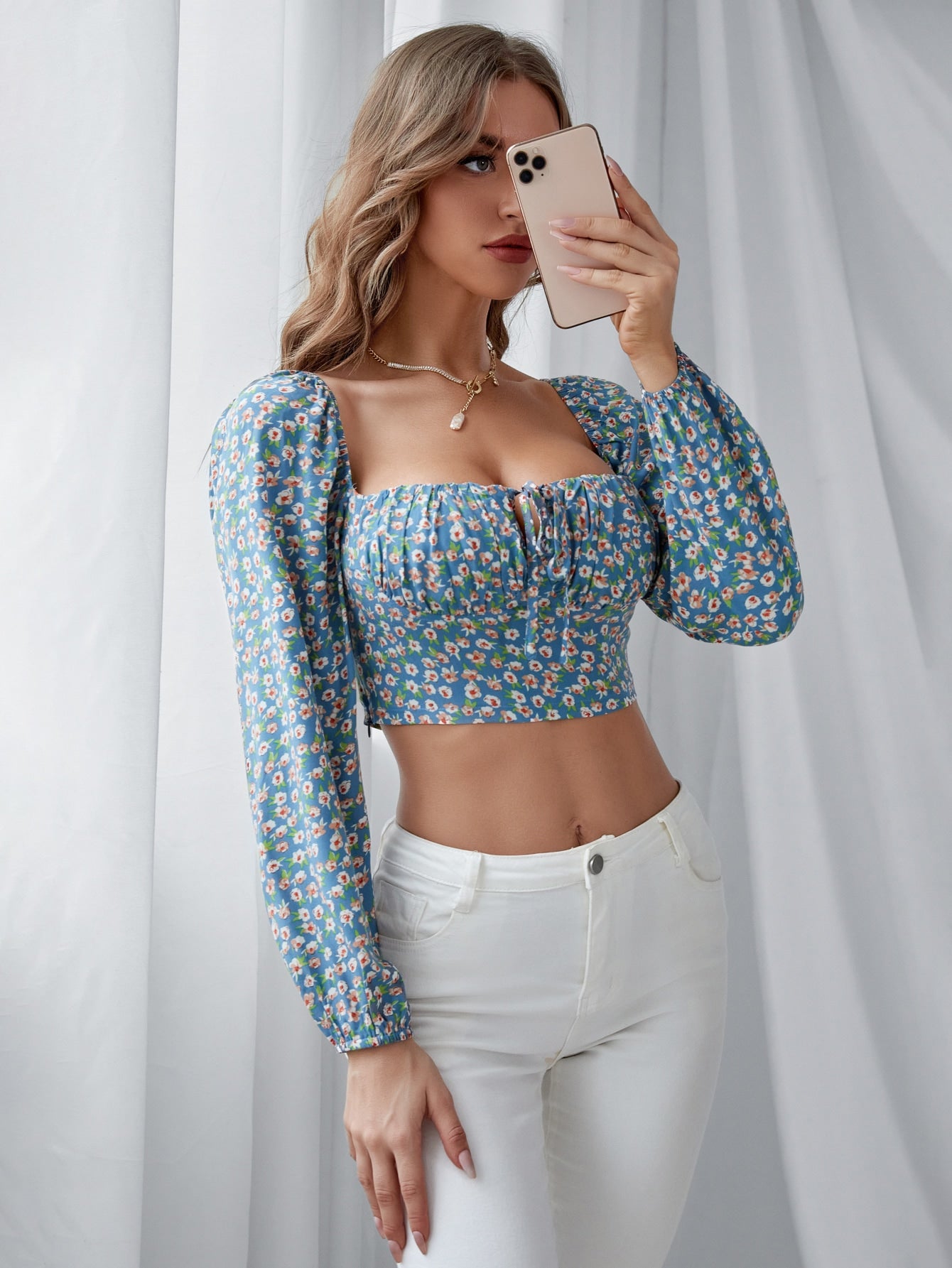 Floral Print Allover Tie Front Top