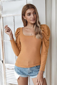Square Collar Knitted Thin T-Shirt Long Sleeve