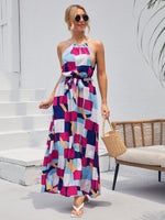Load image into Gallery viewer, Belted Geo Print Tie Back Self Maxi Dress
