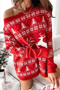 Christmas Print Dew Shoulder Sweater Dress