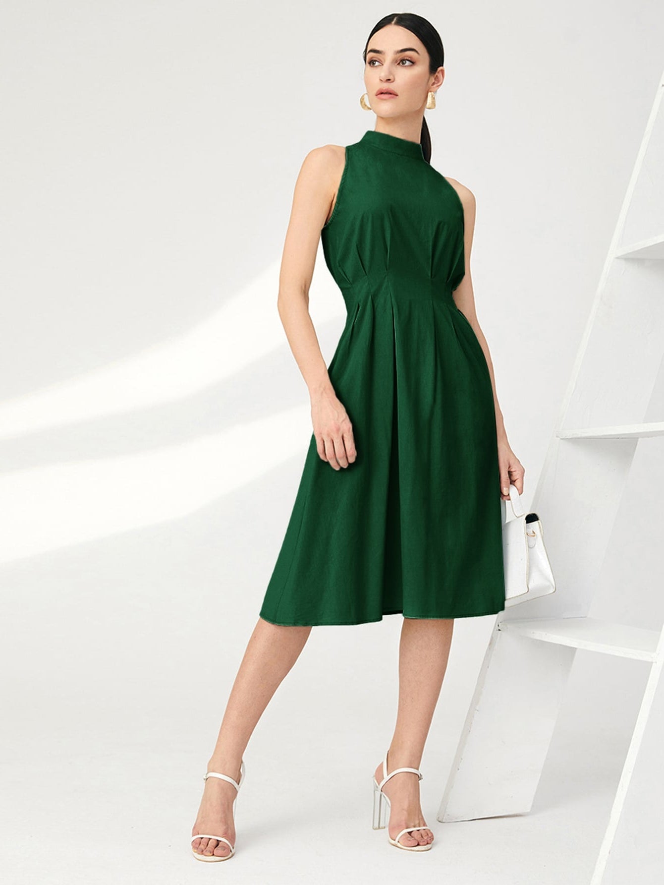 Placated Solid Midi Dress