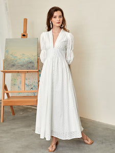 Front Eyelet Embroidery Gather Sleeve Button Dress