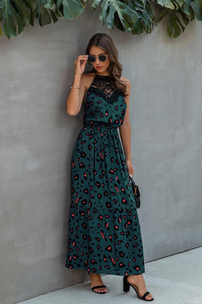Hollow Lace Spliting Printed Dress