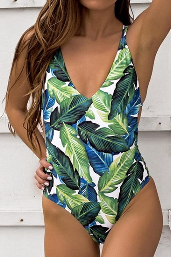 Leaf Printed Halter One-Piece Swimsuit